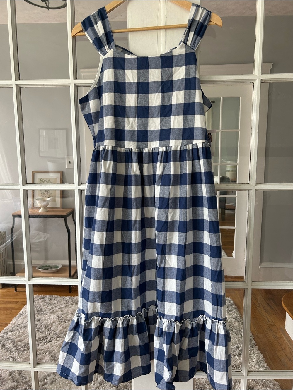 Blueberi Navy and White Gingham Sundress with Ruffle Hem Size L NEW